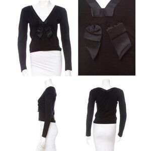 Valentino Women's Black Knit V-neck Sweater with Satin Bow in size Medium